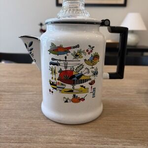 Vintage Folk Art Enamelware Metal Coffee Pot Teapot Mid Century Used